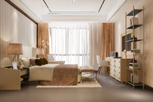 Blogs 3d rendering beautiful luxury bedroom suite in hotel with tv and shelf