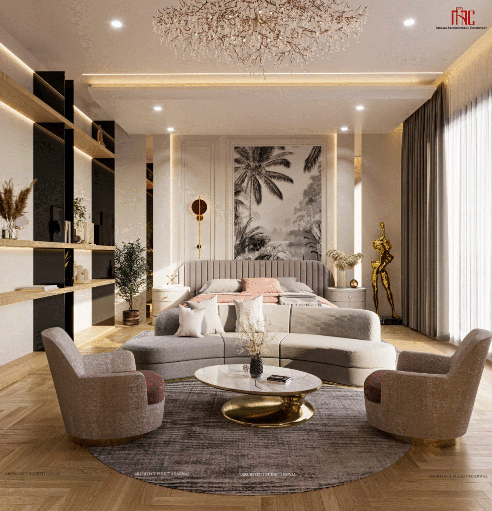 Elegant living room interior design services in Noida by Meraki Architects