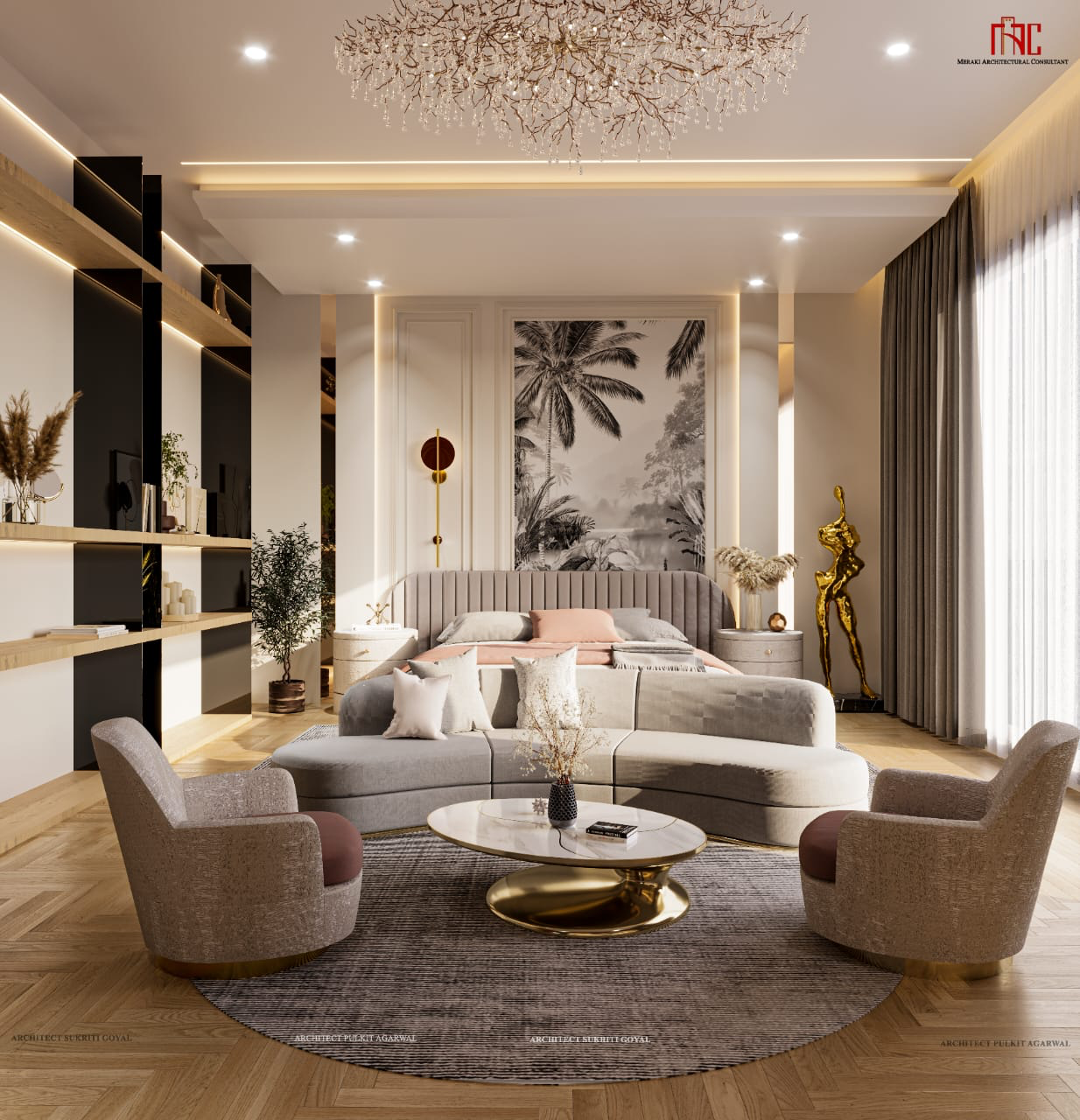 Services Elegant living room interior design services in Noida by Meraki Architects